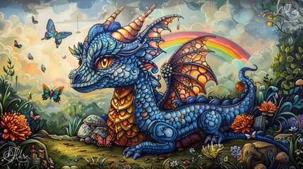 Fototapeta premium A whimsical dragon family picnicking in a meadow, with a rainbow in the sky and butterflies fluttering around, providing a delightful coloring scene.