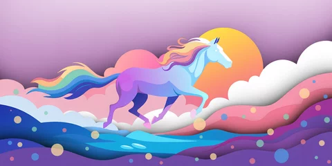 Fototapeten Lila Abstract background. Paper cutting art concept and unicorn horses leaping across the Rainbow River to freedom with beautiful landscapes and clouds in the dreams. unicorn, rainbow, LGBTQ, illustration  © guguart