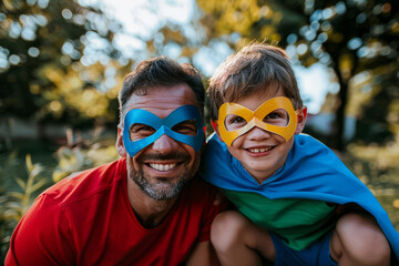 Father and son dressed up a wearing superhero masks. Father's dad image