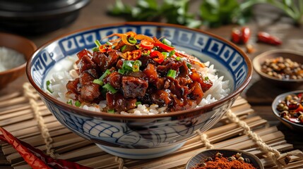 Braised pork rice Lu Rou Fan, served in a traditional bowl with a cozy Taiwanese home kitchen setting