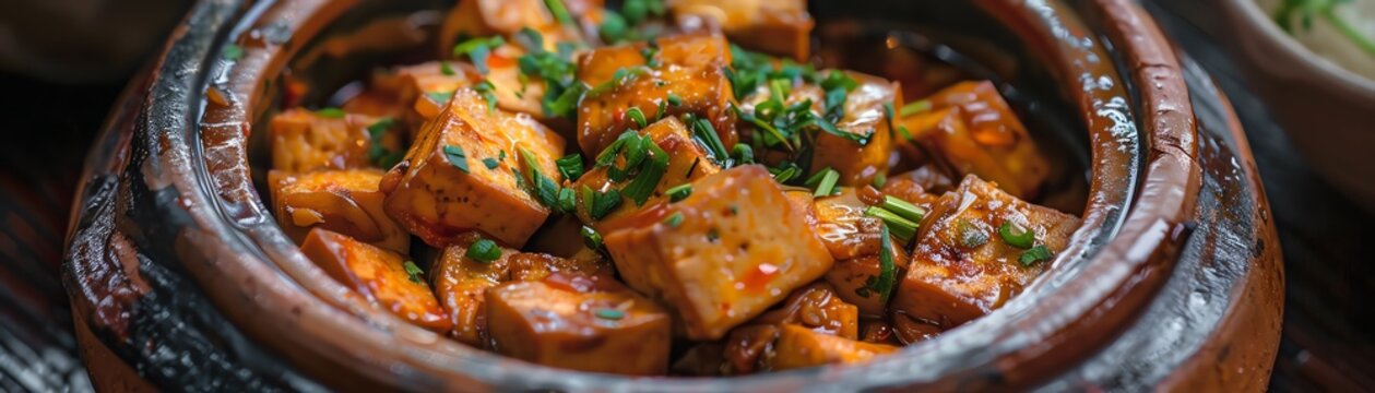 Braised tofu with shiitake mushrooms, served in a clay pot with a bustling street food market scene