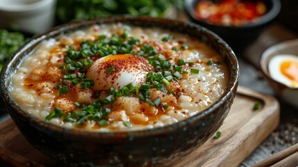 A delicious bowl of congee, topped with a soft-boiled egg, scallions, and chili oil.
