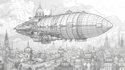 An intricate coloring book illustration of a steampunk airship, floating above a fantastical cityscape with clockwork elements.