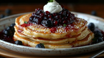 A delicious breakfast of pancakes, blueberries, and cream.