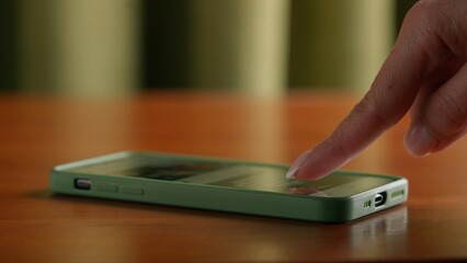 Hand scrolling on smartphone screen on wooden table