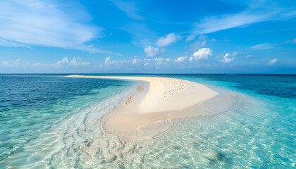 Sand spit of tropical island stretching into distance, sunny summer landscape with white sand beach