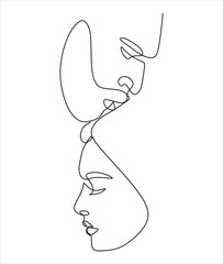 Linear drawing of two faces man and woman .Kiss of a couple in love