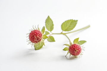 Close-up of two raspberries on a white background