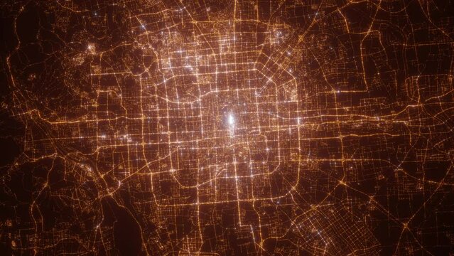 Beijing (China) aerial view at night. Top view on modern city with glow effect. Camera is zooming out, rotating counterclockwise