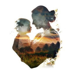 Motherhood concept image with mother carrying her child letting see a beautiful landscape on white background