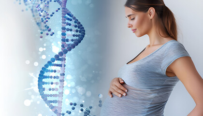 Pregnant woman and illustration of DNA structure on white background, closeup