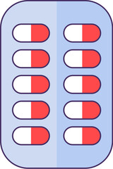 Blister pack with pills icon. Rectangular plate with medicine capsules, medical stroked cartoon element for modern and retro design. Simple color vector pictogram isolated on white background