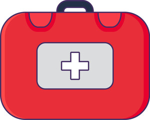 Red duty doctor suitcase icon. First aid kit, medical stroked cartoon element for modern and retro design. Simple color vector pictogram isolated on white background