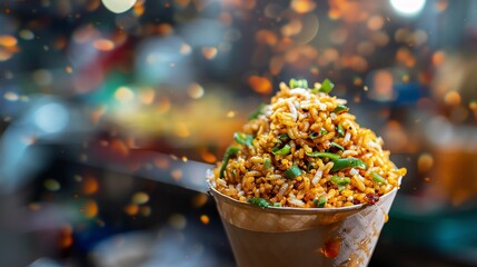 An Indian street food stall is selling a variety of rice dishes