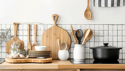 Set of different utensils and dishes on countertop in kitchen