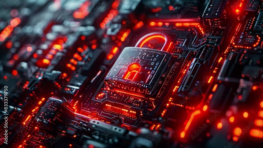 Poster This lock mechanism securing a circuit board with glowing red lights.