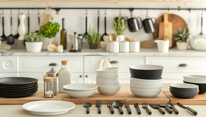 Set of different utensils and dishes on countertop in kitchen