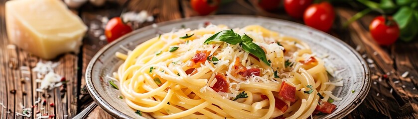A delicious plate of pasta carbonara with tomatoes and basil.