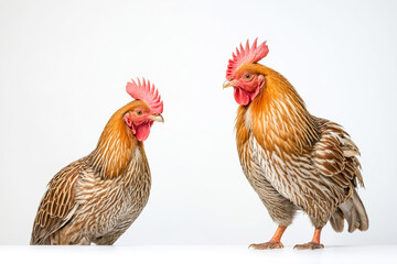 Fototapeta premium Two Brown Chickens Standing on White Background