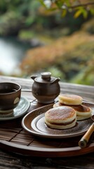 A traditional Japanese breakfast of pancakes, tea, and a side of pickled vegetables.