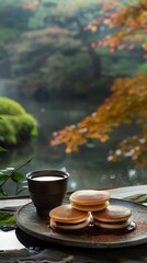 A traditional Japanese breakfast of dorayaki and tea is served on a wooden table overlooking a beautiful garden