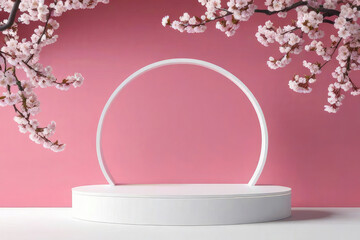 Minimal photographer cherry blossom background in podium for product presentation.