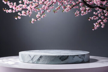 Minimal photographer cherry blossom background in podium for product presentation.