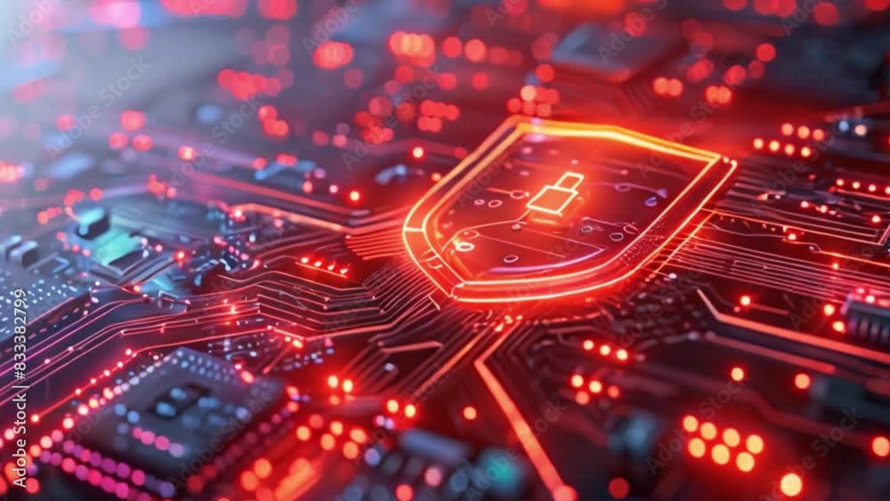 Poster this detailed view of a circuit board glowing with red and blue lights.