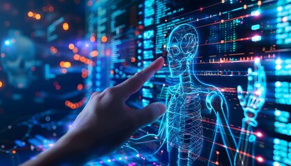 Hand touching holographic digital medical interface with human skeleton and body data on screen