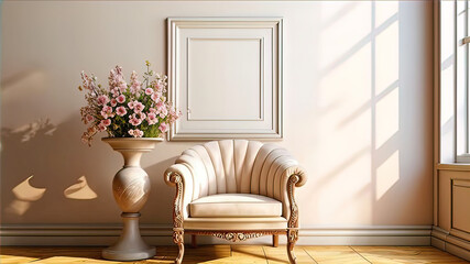 cozy place in home interior, soft chair in front of white wall and empty white photo frame, place for advertising,