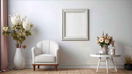 cozy place in home interior, soft chair in front of white wall and empty white photo frame, place for advertising,