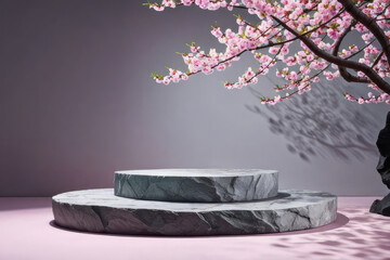 Minimal photographer cherry blossom background in podium for product presentation.