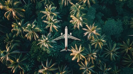 A Passenger Plane Soaring Above Palm Trees: A Tropical Aerial Perspective
