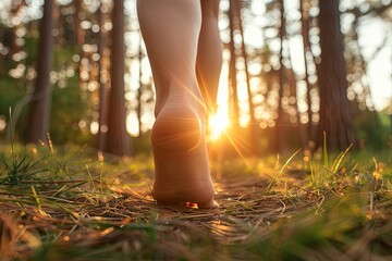 Woman feet walking barefoot low during sunset in the forest.