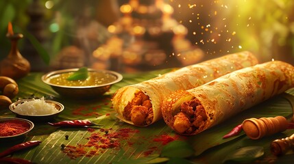 Masala dosa, a crispy rice and lentil crepe filled with spiced potatoes, served with sambar and coconut chutney on a banana leaf with a South Indian temple background