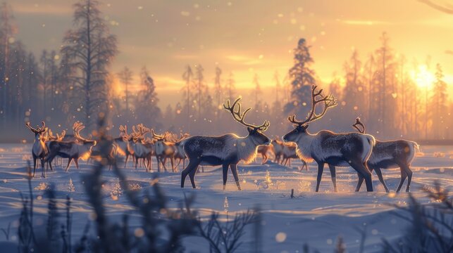 A beautiful winter scene with a herd of reindeer in the snow