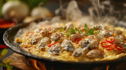 Oyster omelette, crispy and gooey with fresh oysters, served on a rustic plate with a vibrant Taiwanese street food scene