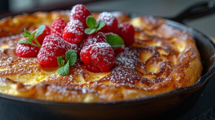 Image shows a delicious and easy-to-make Dutch Baby pancake with fresh raspberries and powdered sugar on top.