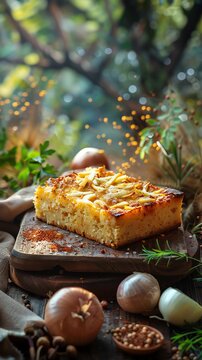 Paraguayan sopa paraguaya, a cornbread with cheese and onions, served on a rustic wooden board with a lush Paraguayan landscape backdrop