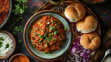 Pav bhaji, spiced vegetable mash served with buttered bread rolls, on a colorful plate with a busy Mumbai street food scene