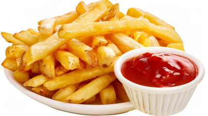 french fries with ketchup on white background, isolated