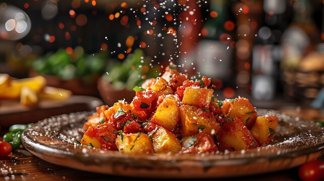 A delicious plate of patatas bravas with a sprinkling of cheese.