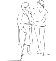 Linear drawing, healthcare worker helping a patient in a wheelc