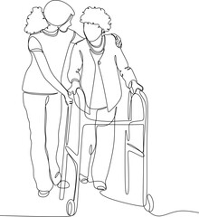 Linear drawing, healthcare worker helping a patient in a wheelc