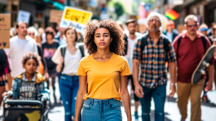 Young woman leading a social protest with diverse crowd marching