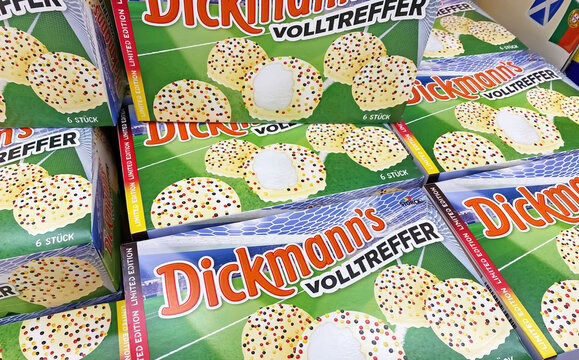 Viersen, Germany - May 9. 2024: Boxes Dickmann Volltreffer chocolate foam kisses european football championship special edition