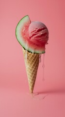 watermelon is on an ice cream cone and a scoop of A slice of watermelon ice cream, it melts and pours down the corner, the background is pink, studio minimalist summer photography for hot days. 
