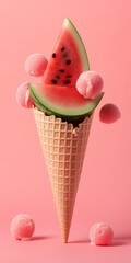 
Small slices of watermelon sit in an ice cream cone with a small ice cream ball. summer studio concept minimalistic photo.