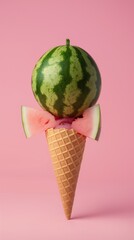 A small whole watermelon sits in an ice cream cone. summer studio shot, pink background.