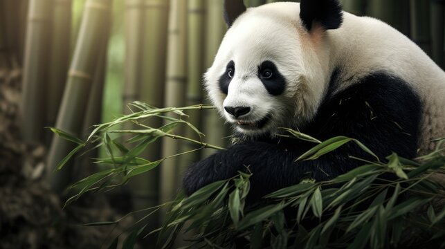 A cuddly panda bear munching on bamboo, its black and white fur blending seamlessly with the forest backdrop.